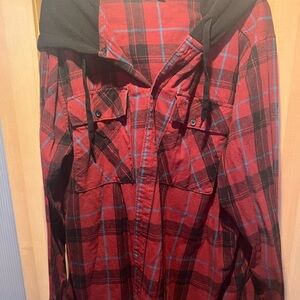 No Boundaries Button Up Hooded Red and Black Plaid Oversized Shirt Jacket XXL